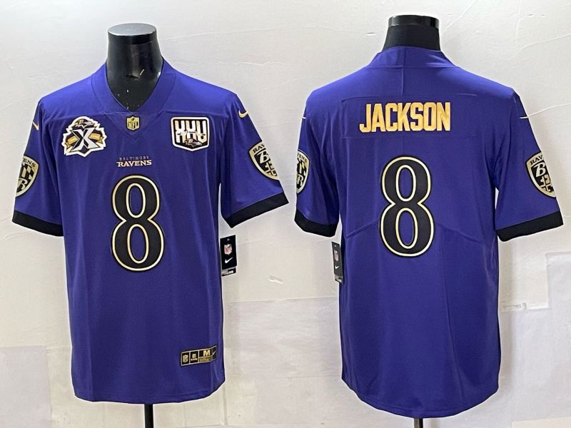 Men Baltimore Ravens 8 Jackson Purple gold Nike Limited NFL 2025 Jersey style 01